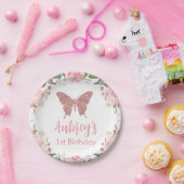 ピンクグリッターバタフライ誕生日紙プレート ペーパープレート (パーティー)