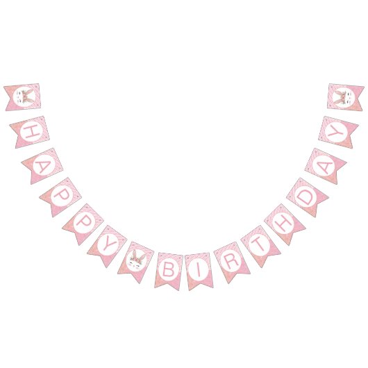 ピンクグリッターバニーハッピーバースデーパーティーバナー バンティングフラッグ (全)