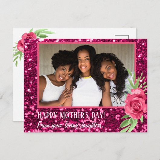 ピンクグリッターバラ写真母の日の娘 ポストカード (正面/裏面)
