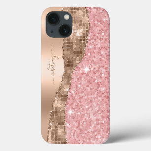 ピンクグリッターバラ金ゴールドマーブルモノグラム iPhone 13ケース