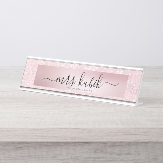 ピンクグリッターバラ金ゴールド先生デスク名プレート デスクネームプレート (正面)