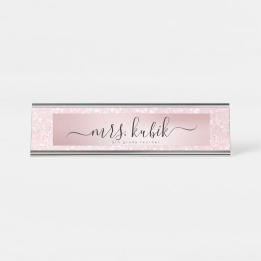 ピンクグリッターバラ金ゴールド先生デスク名プレート デスクネームプレート (正面)