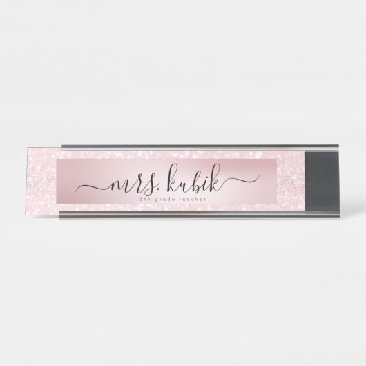 ピンクグリッターバラ金ゴールド先生デスク名プレート デスクネームプレート (正面)