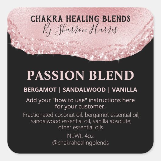 ピンクグリッターバラ金ゴールド瑪瑙パッションブレンドラベル スクエアシール (正面)