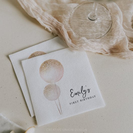 ピンクグリッターバルーン女の子の最初の誕生日パーティー スタンダードカクテルナプキン