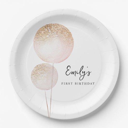 ピンクグリッターバルーン女の子の最初の誕生日パーティー ペーパープレート (正面)