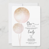 ピンクグリッターバルーン女の子の最初の誕生日パーティー 招待状 (正面)