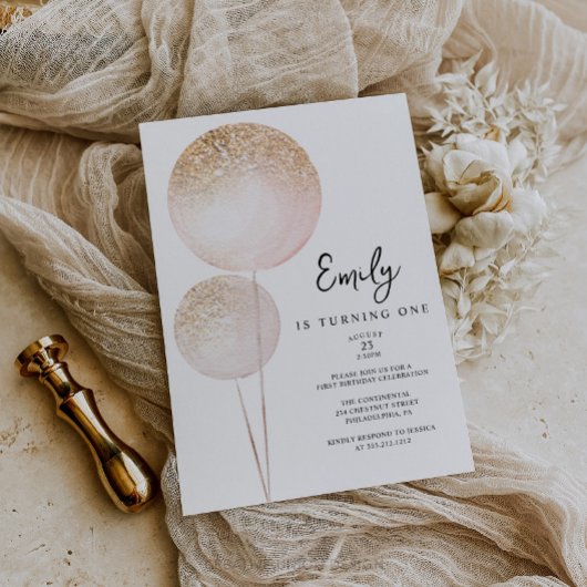 ピンクグリッターバルーン女の子の最初の誕生日パーティー 招待状