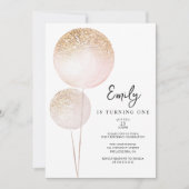 ピンクグリッターバルーン女の子の最初の誕生日パーティー 招待状 (正面)