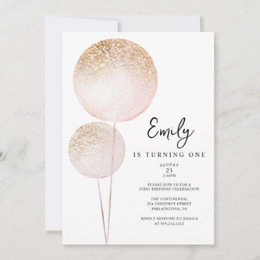 ピンクグリッターバルーン女の子の最初の誕生日パーティー 招待状 (正面)