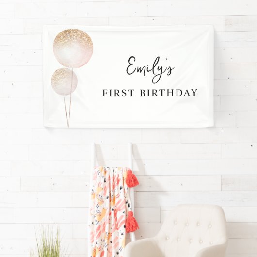 ピンクグリッターバルーン1st誕生日パーティーデコル 横断幕 (インサイチュ)