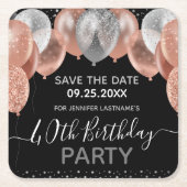 ピンクグリッターバルーン40th誕生日を保存 スクエアペーパーコースター (正面)