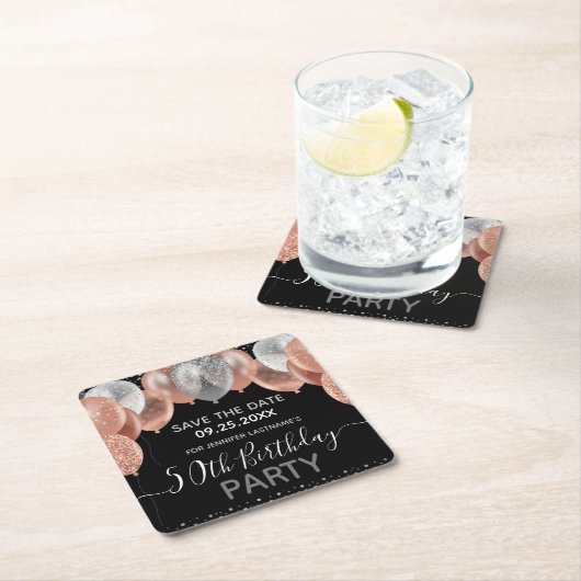 ピンクグリッターバルーン50誕生日日付の保存 スクエアペーパーコースター (インサイチュ)