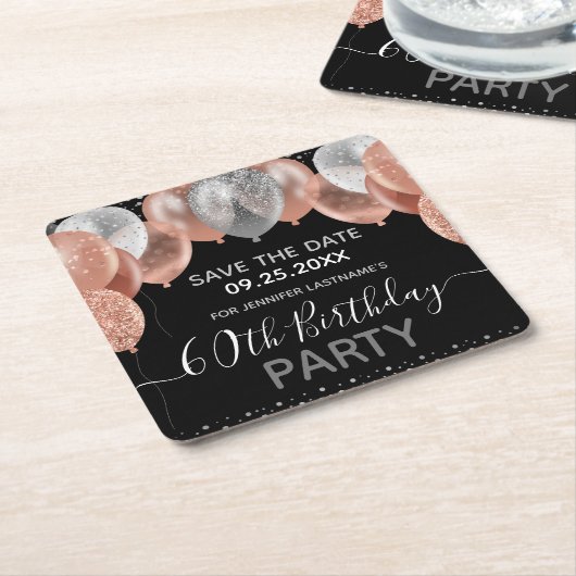ピンクグリッターバルーン60誕生日日付の保存 スクエアペーパーコースター (アングル)