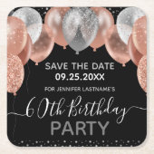 ピンクグリッターバルーン60誕生日日付の保存 スクエアペーパーコースター (正面)