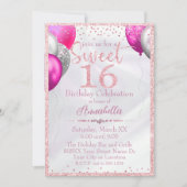 ピンクグリッターバルーンonサテンスイーツ16誕生日 招待状 (正面)