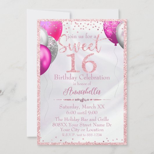 ピンクグリッターバルーンonサテンスイーツ16誕生日 招待状 (正面)