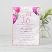 ピンクグリッターバルーンonサテンスイーツ16誕生日 招待状 (スタンド正面)