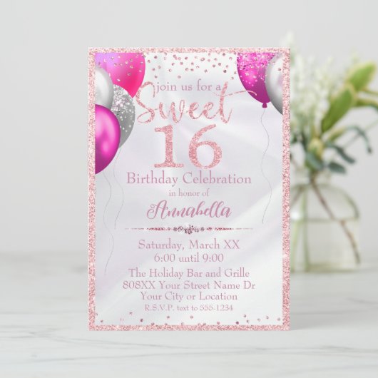 ピンクグリッターバルーンonサテンスイーツ16誕生日 招待状 (スタンド正面)