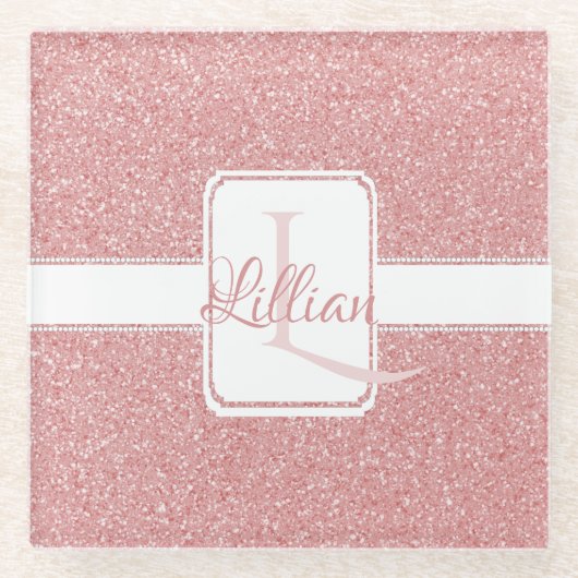 ピンクグリッターパーソナライズされたガラスコースター ガラスコースター (正面)