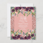ピンクグリッターパープルフローラ女子50誕生日 カード (正面)
