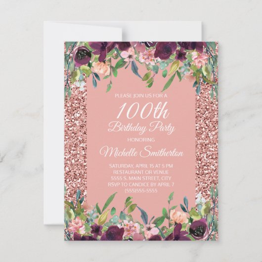 ピンクグリッターパープルフローラ100誕生日 カード (正面)
