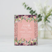 ピンクグリッターパープルフローラ100誕生日 カード (スタンド正面)