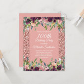 ピンクグリッターパープルフローラ100誕生日 カード (正面/裏面インサイチュ)