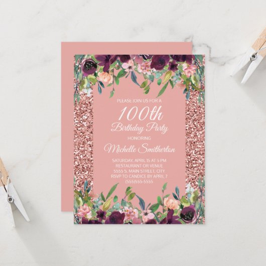 ピンクグリッターパープルフローラ100誕生日 カード (正面/裏面インサイチュ)