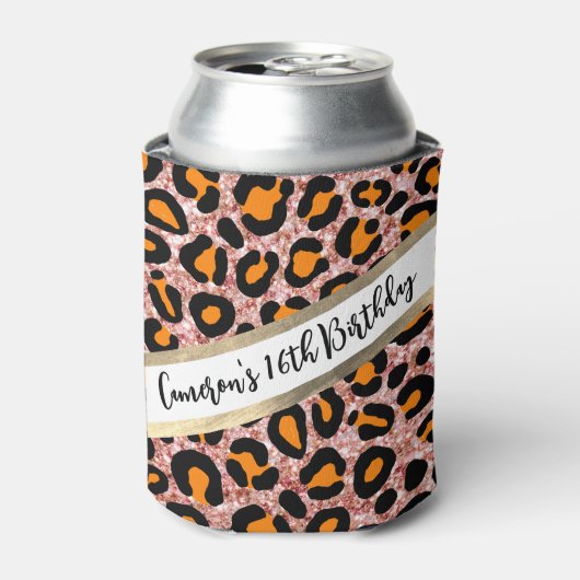 ピンクグリッターヒョウガーリーチータシック誕生日 缶クーラー (缶正面)