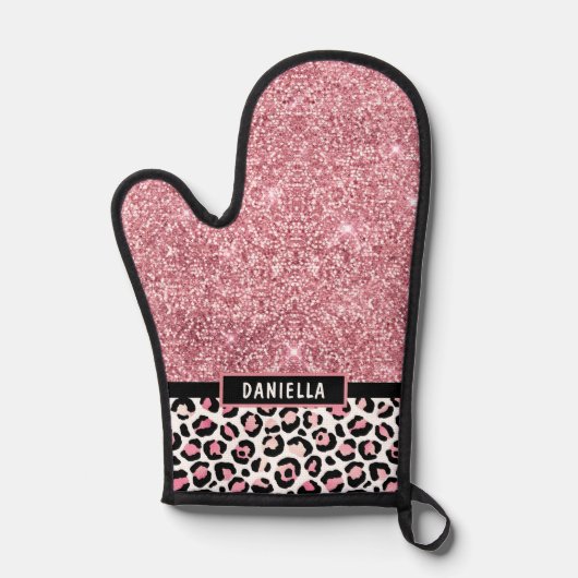 ピンクグリッターヒョウ印刷きらめく パーソナライズされた 鍋つかみ (正面)
