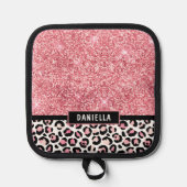 ピンクグリッターヒョウ印刷きらめく パーソナライズされた 鍋敷き (正面)
