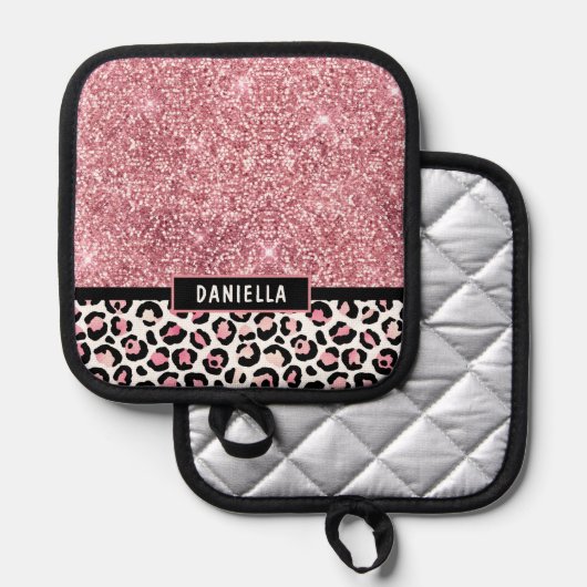 ピンクグリッターヒョウ印刷きらめく パーソナライズされた 鍋敷き (正面/裏面)
