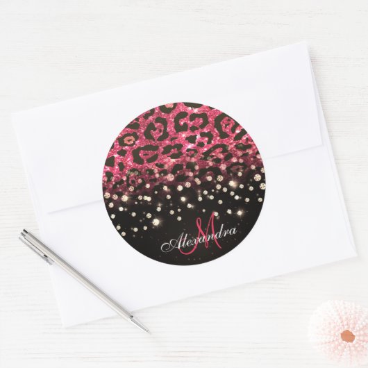 ピンクグリッターヒョウ印刷とダイヤモンド ラウンドシール (封筒)