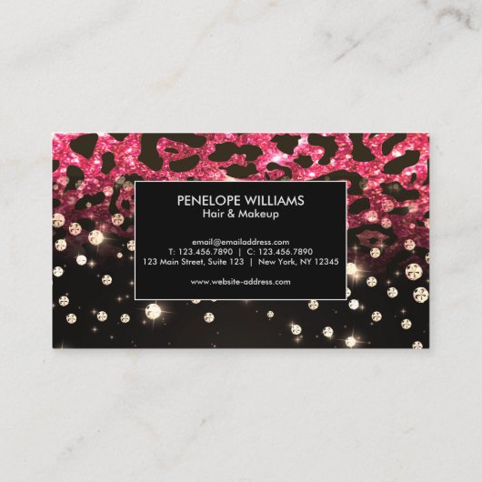 ピンクグリッターヒョウ印刷とダイヤモンド 名刺 (裏面)