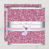 ピンクグリッターピンククロスファースト聖体 招待状 (正面/裏面)