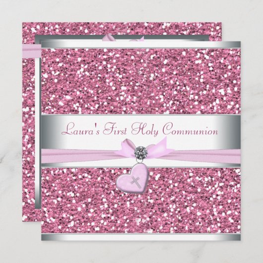 ピンクグリッターピンククロスファースト聖体 招待状 (正面/裏面)