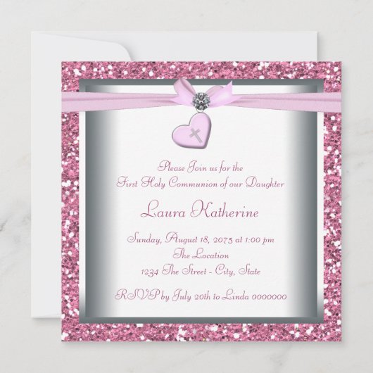 ピンクグリッターピンククロスファースト聖体 招待状 (裏面)