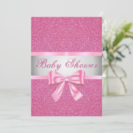 ピンクグリッターピンクボウベビーシャワー招待状 招待状 (スタンド正面)