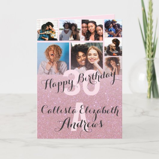 ピンクグリッターフォトコラージュハッピーバースデー カード (正面)