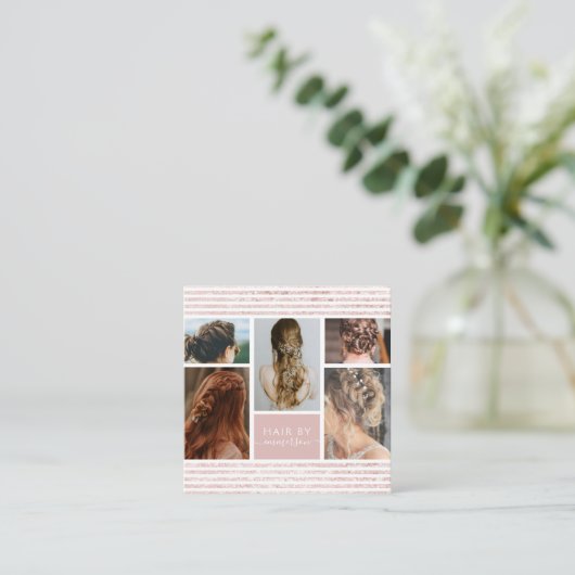 ピンクグリッターフォトコラージュ美容師 スクエア名刺 (スタンド正面)