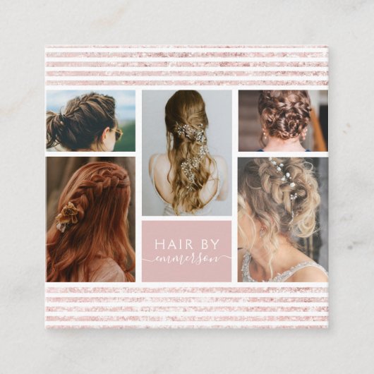 ピンクグリッターフォトコラージュ美容師 スクエア名刺 (正面)