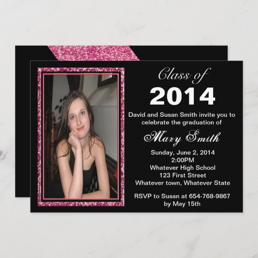 ピンクグリッターフォトフレーム卒業招待状 招待状 (正面/裏面)