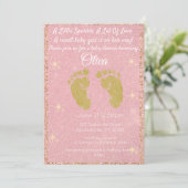 ピンクグリッターフットプリント赤ちゃんガールシャワー招待状 招待状 (スタンド正面)