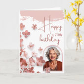 ピンクグリッターフラワーフローラ写真70誕生日 カード (黄色い花)