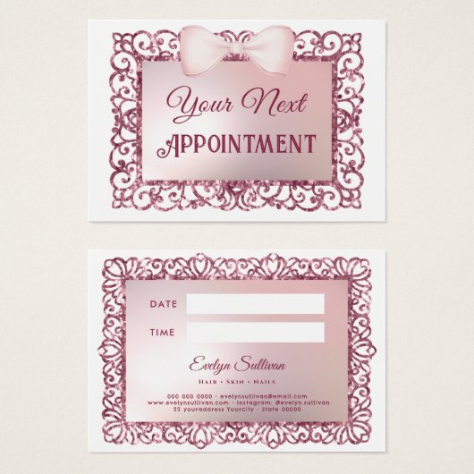 ピンクグリッターフレームボウアポイントメントカード (正面&裏面)