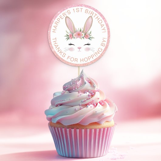 ピンクグリッターフローラバニー1stバースデーパーティーのお願い ラウンドシール