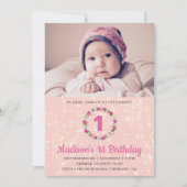 ピンクグリッターフローラリース第1の誕生日招待状 招待状 (正面)