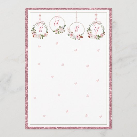 ピンクグリッターフローラ水彩ハートベビーシャワー 招待状 (裏面)