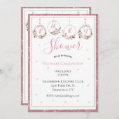 ピンクグリッターフローラ水彩ハートベビーシャワー 招待状 (正面/裏面)